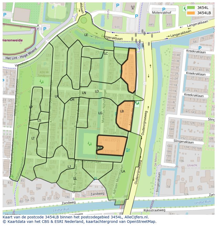 Afbeelding van het postcodegebied 3454 LB op de kaart.