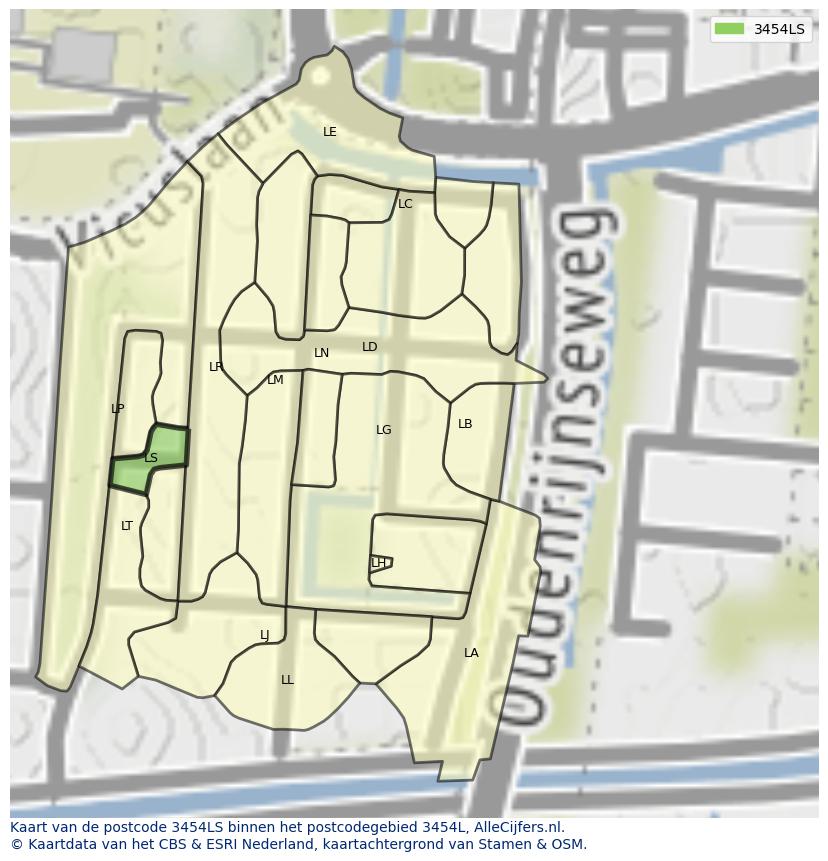 Afbeelding van het postcodegebied 3454 LS op de kaart.