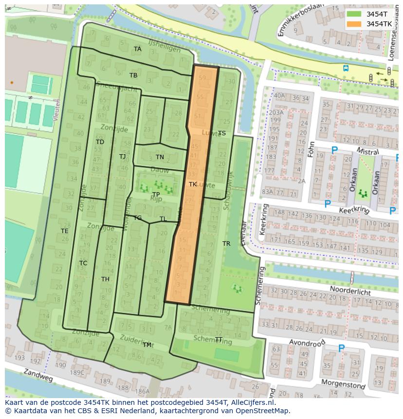 Afbeelding van het postcodegebied 3454 TK op de kaart.