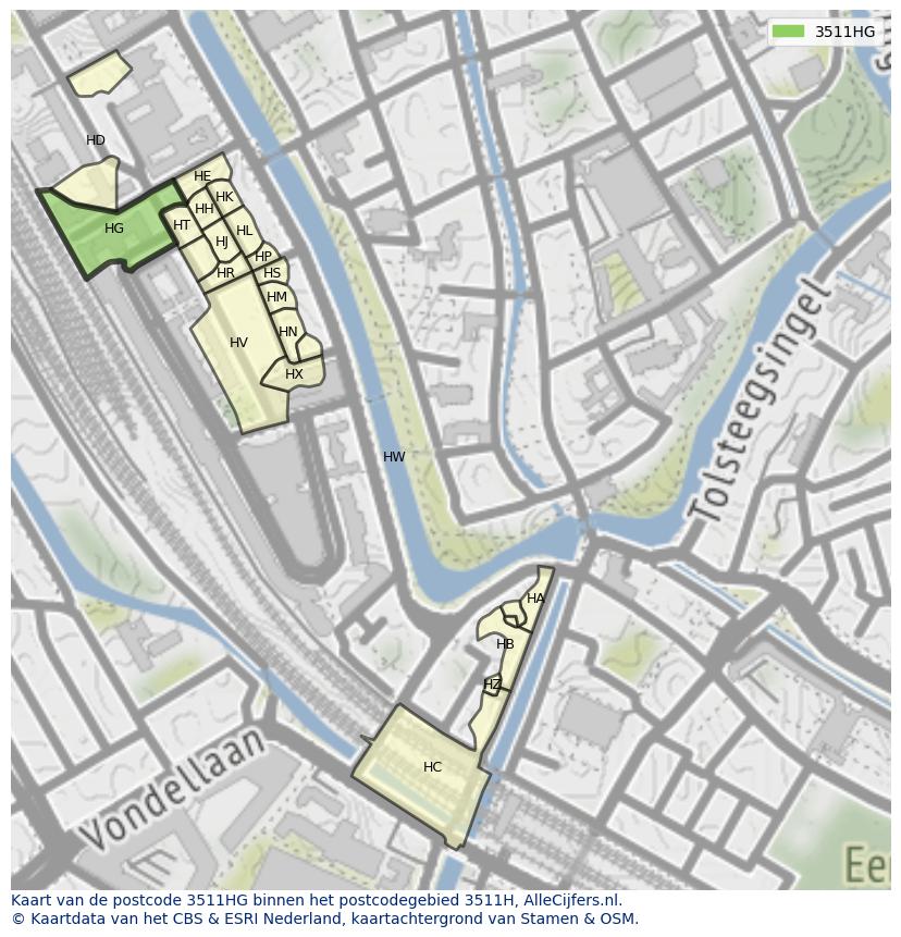 Afbeelding van het postcodegebied 3511 HG op de kaart.
