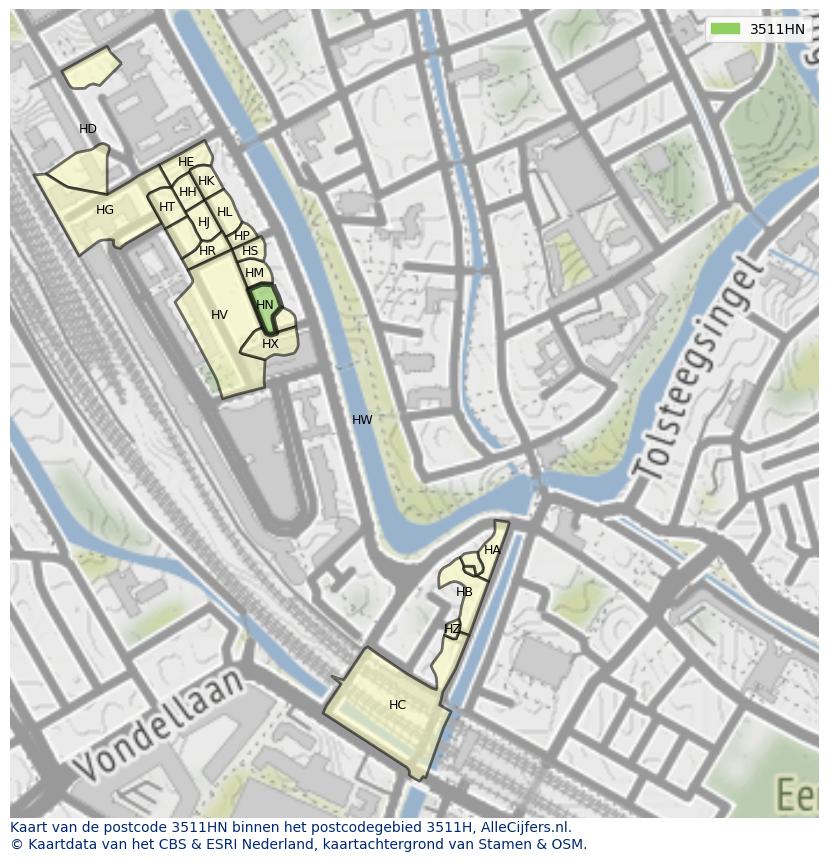 Afbeelding van het postcodegebied 3511 HN op de kaart.