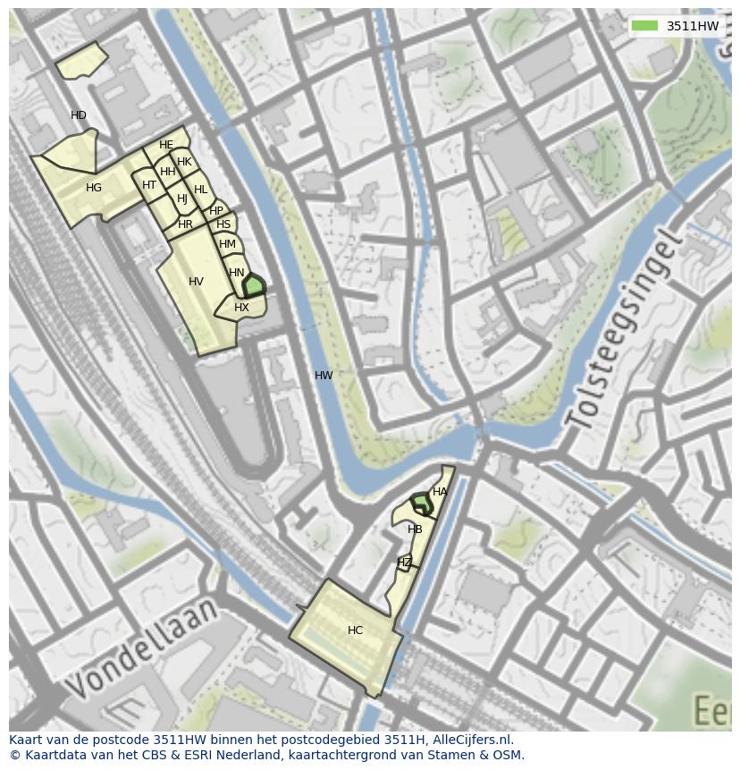 Afbeelding van het postcodegebied 3511 HW op de kaart.