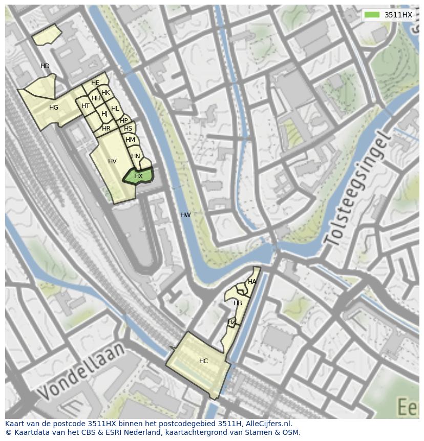 Afbeelding van het postcodegebied 3511 HX op de kaart.