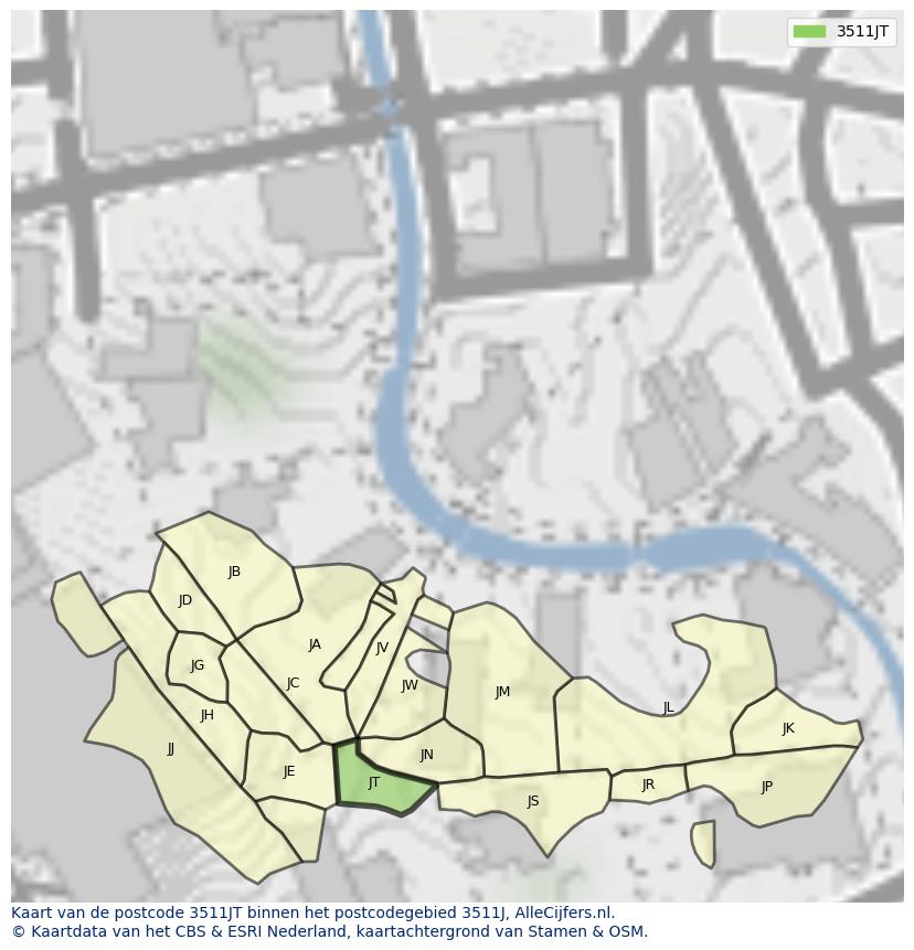 Afbeelding van het postcodegebied 3511 JT op de kaart.