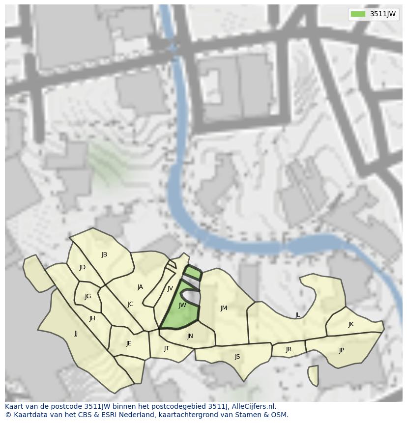Afbeelding van het postcodegebied 3511 JW op de kaart.