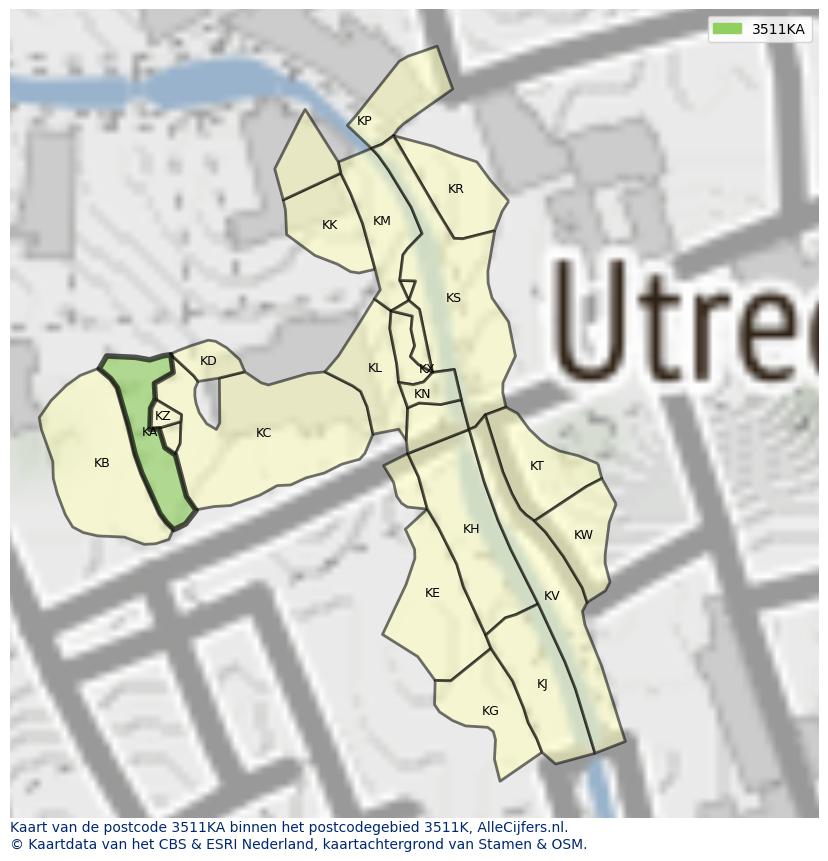Afbeelding van het postcodegebied 3511 KA op de kaart.
