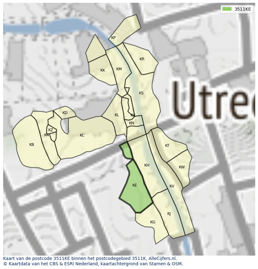 Afbeelding van het postcodegebied 3511 KE op de kaart.