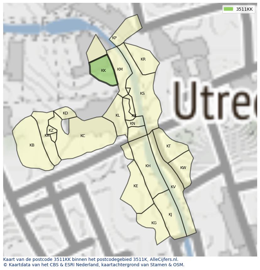 Afbeelding van het postcodegebied 3511 KK op de kaart.