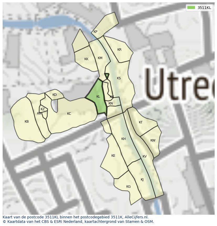Afbeelding van het postcodegebied 3511 KL op de kaart.