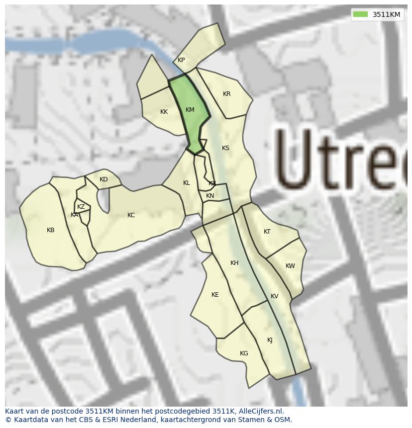 Afbeelding van het postcodegebied 3511 KM op de kaart.