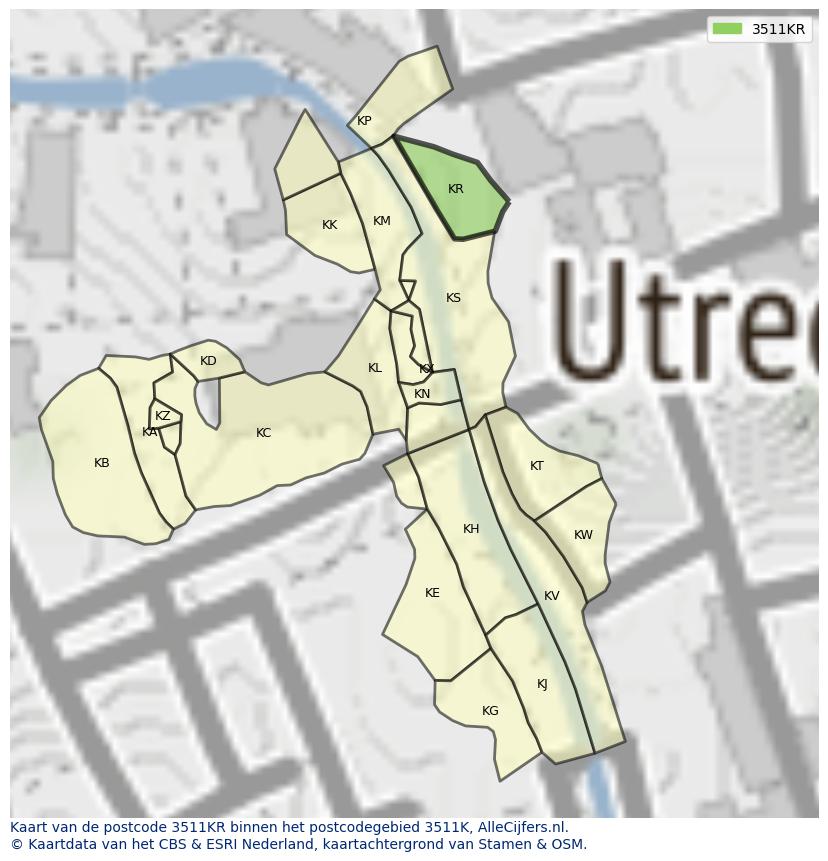 Afbeelding van het postcodegebied 3511 KR op de kaart.