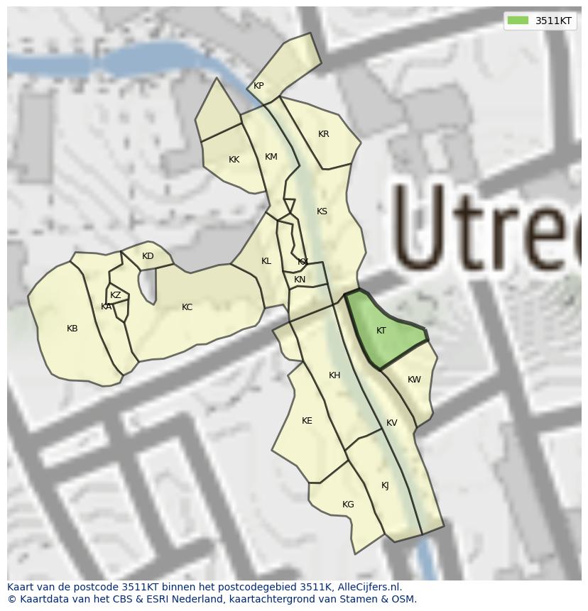Afbeelding van het postcodegebied 3511 KT op de kaart.
