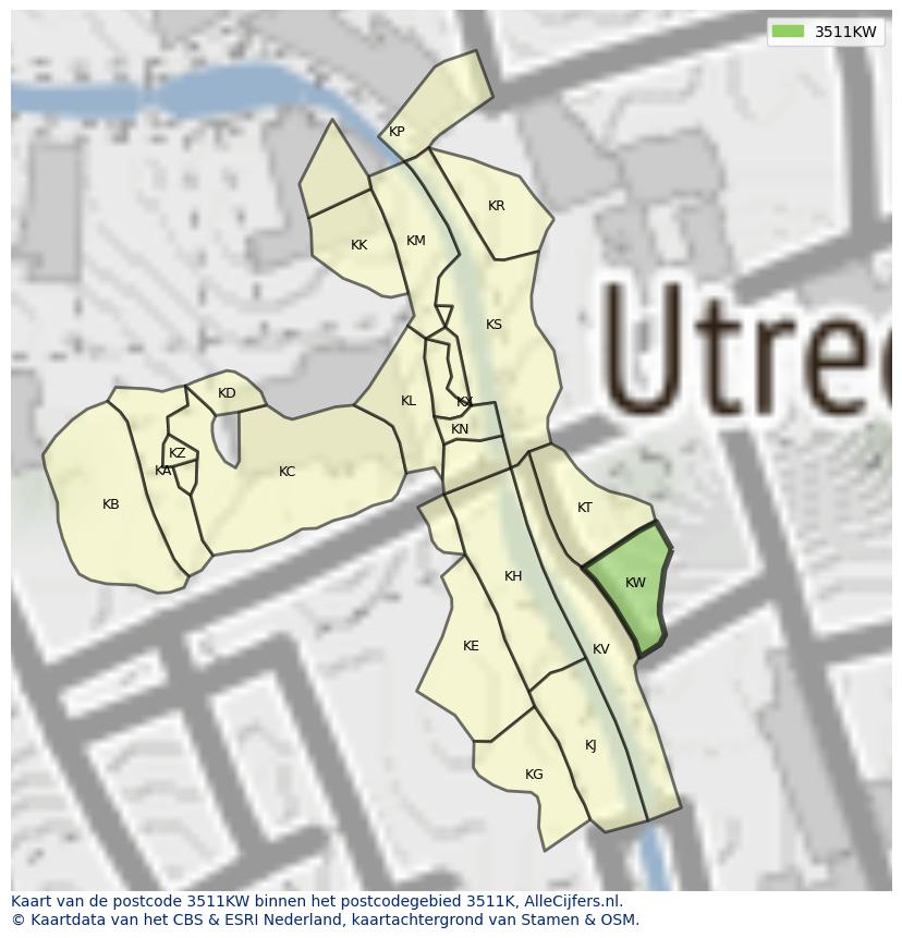 Afbeelding van het postcodegebied 3511 KW op de kaart.