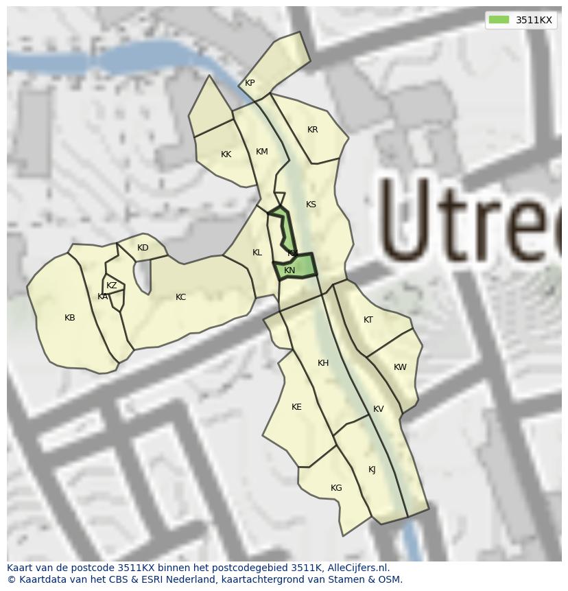 Afbeelding van het postcodegebied 3511 KX op de kaart.