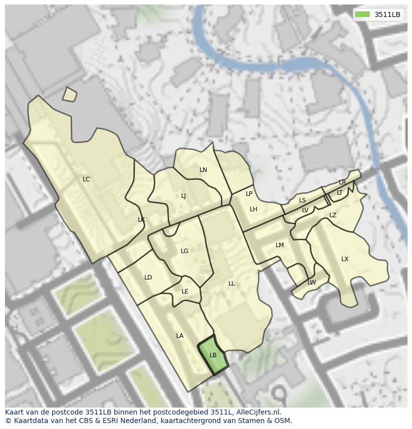 Afbeelding van het postcodegebied 3511 LB op de kaart.