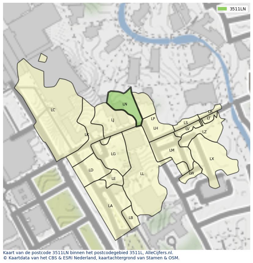Afbeelding van het postcodegebied 3511 LN op de kaart.