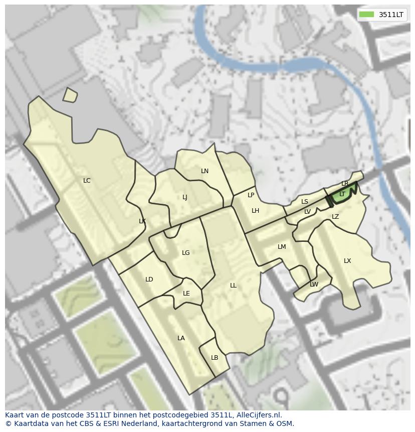 Afbeelding van het postcodegebied 3511 LT op de kaart.