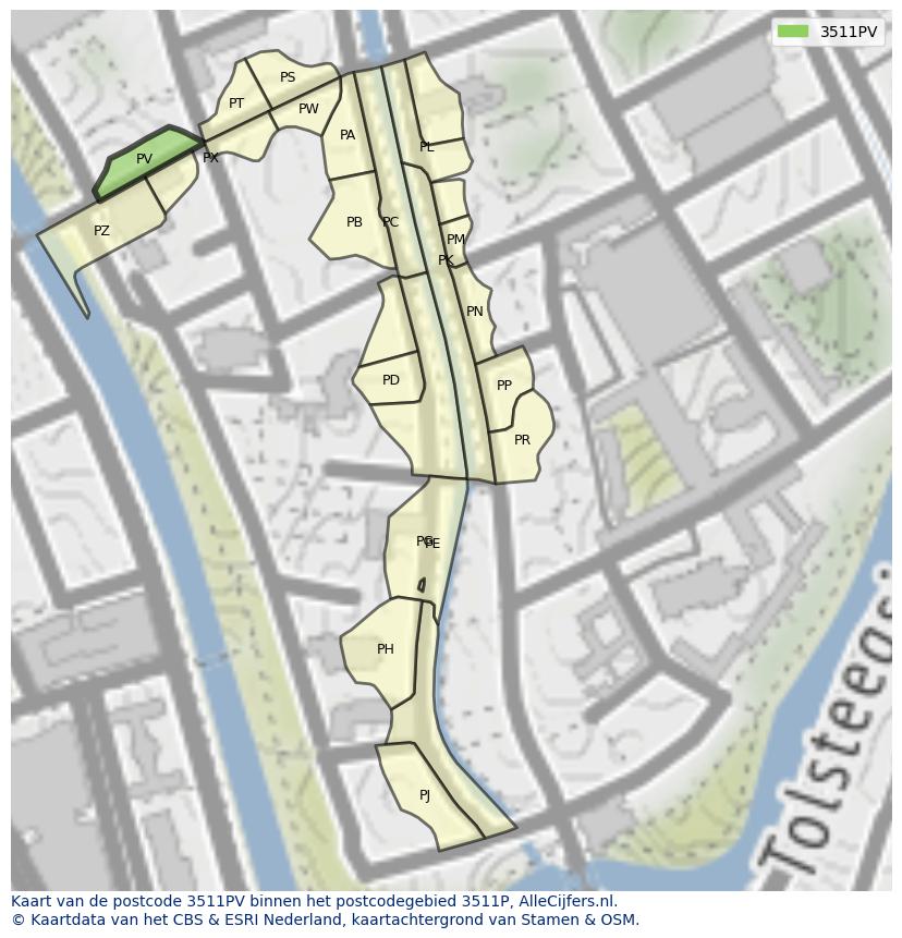 Afbeelding van het postcodegebied 3511 PV op de kaart.