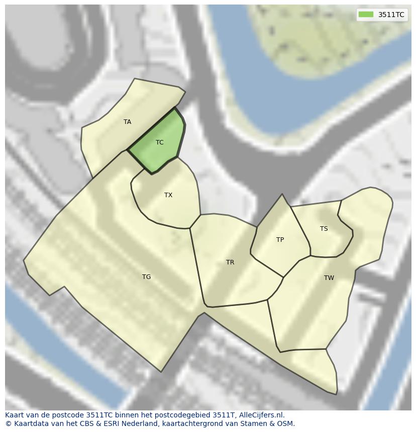 Afbeelding van het postcodegebied 3511 TC op de kaart.