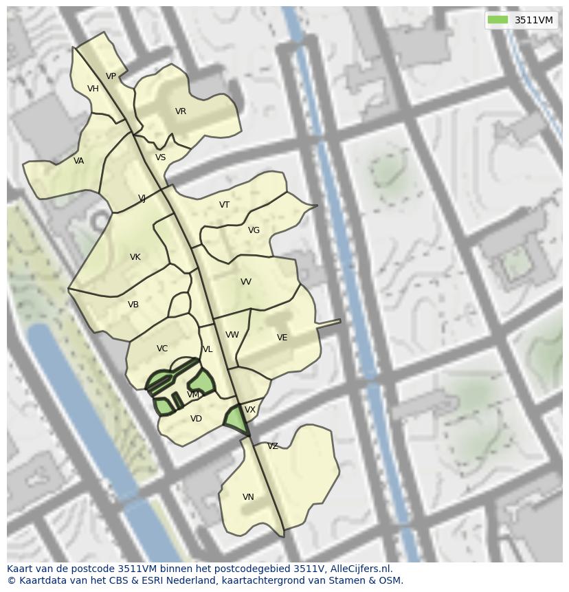 Afbeelding van het postcodegebied 3511 VM op de kaart.