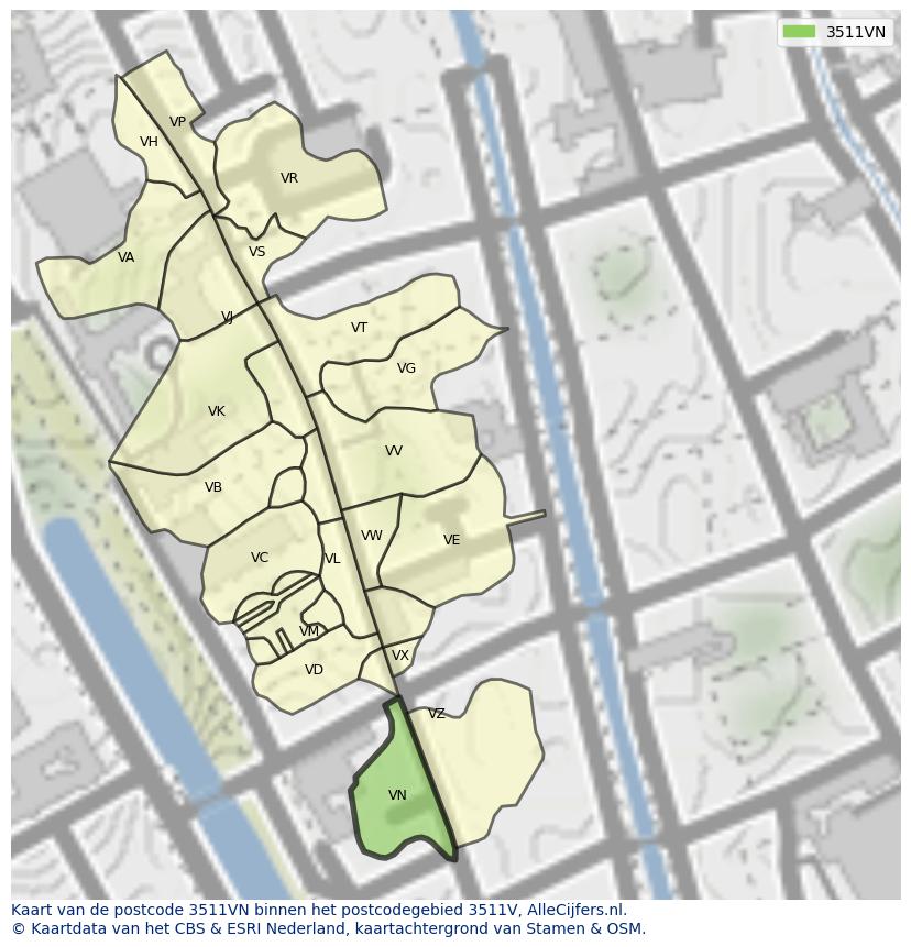 Afbeelding van het postcodegebied 3511 VN op de kaart.