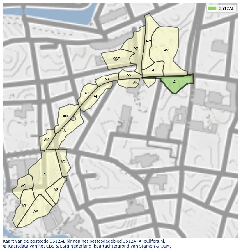 Afbeelding van het postcodegebied 3512 AL op de kaart.