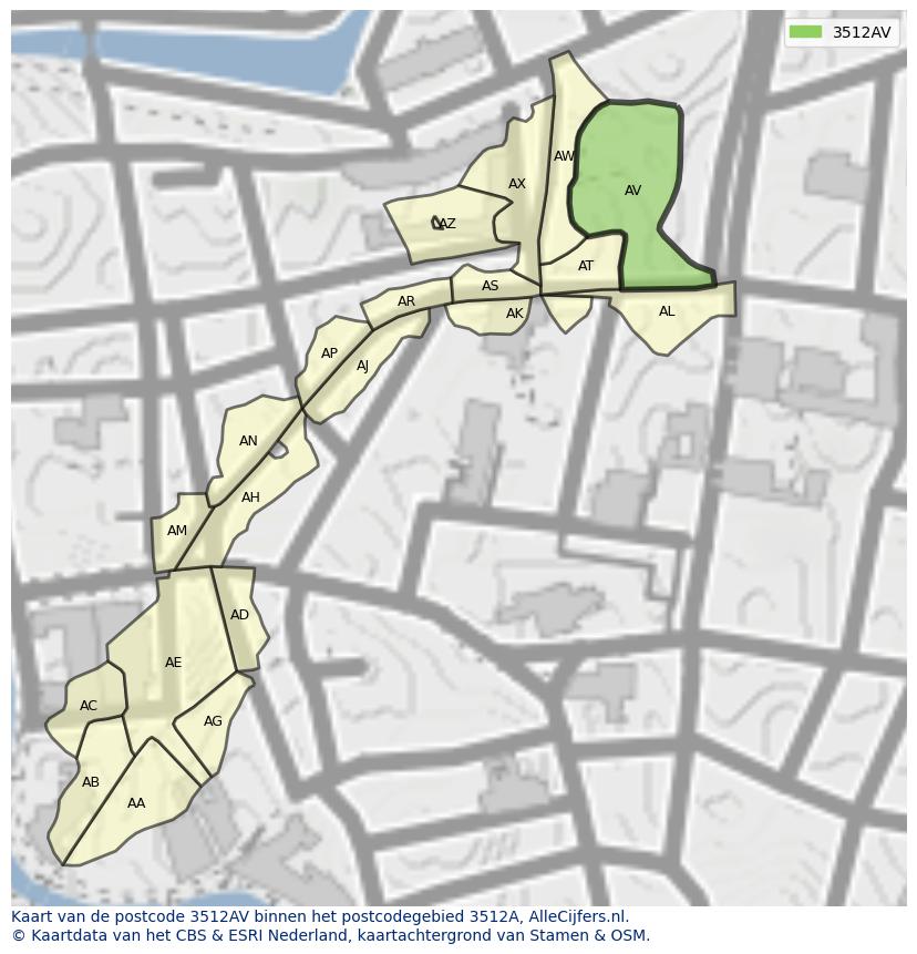 Afbeelding van het postcodegebied 3512 AV op de kaart.