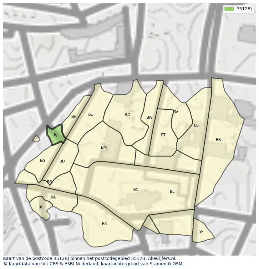 Afbeelding van het postcodegebied 3512 BJ op de kaart.