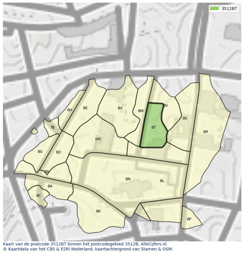 Afbeelding van het postcodegebied 3512 BT op de kaart.