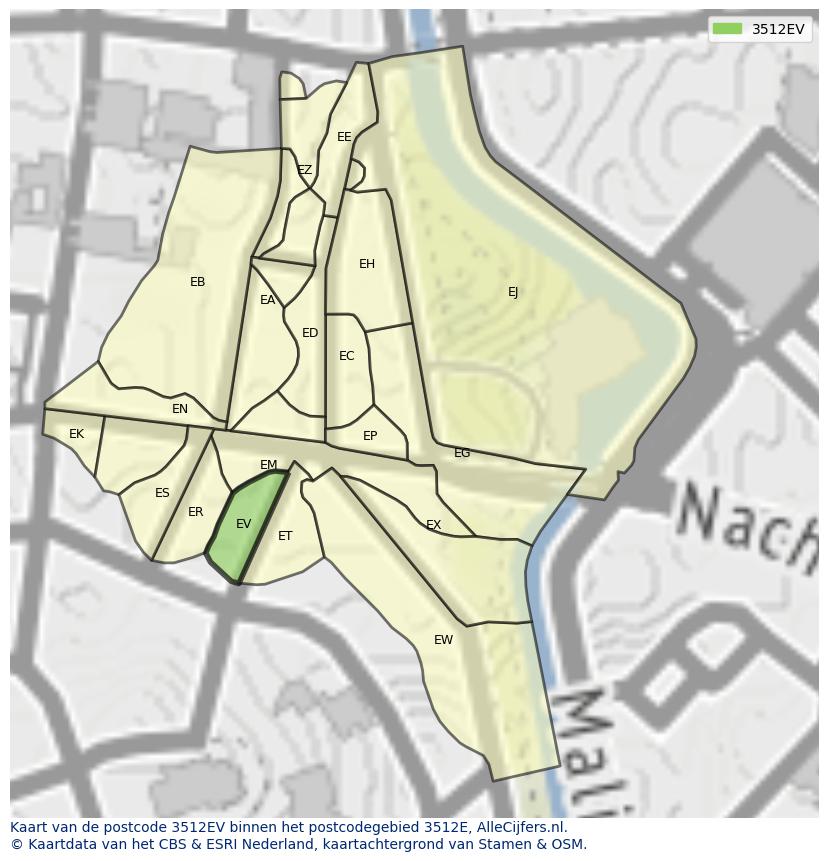 Afbeelding van het postcodegebied 3512 EV op de kaart.