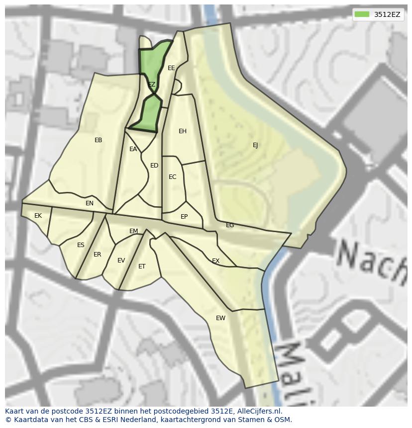 Afbeelding van het postcodegebied 3512 EZ op de kaart.