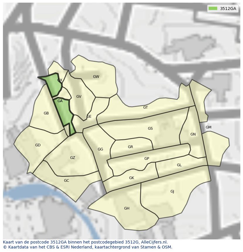 Afbeelding van het postcodegebied 3512 GA op de kaart.