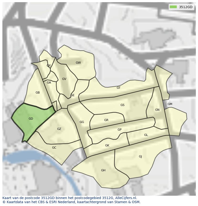 Afbeelding van het postcodegebied 3512 GD op de kaart.
