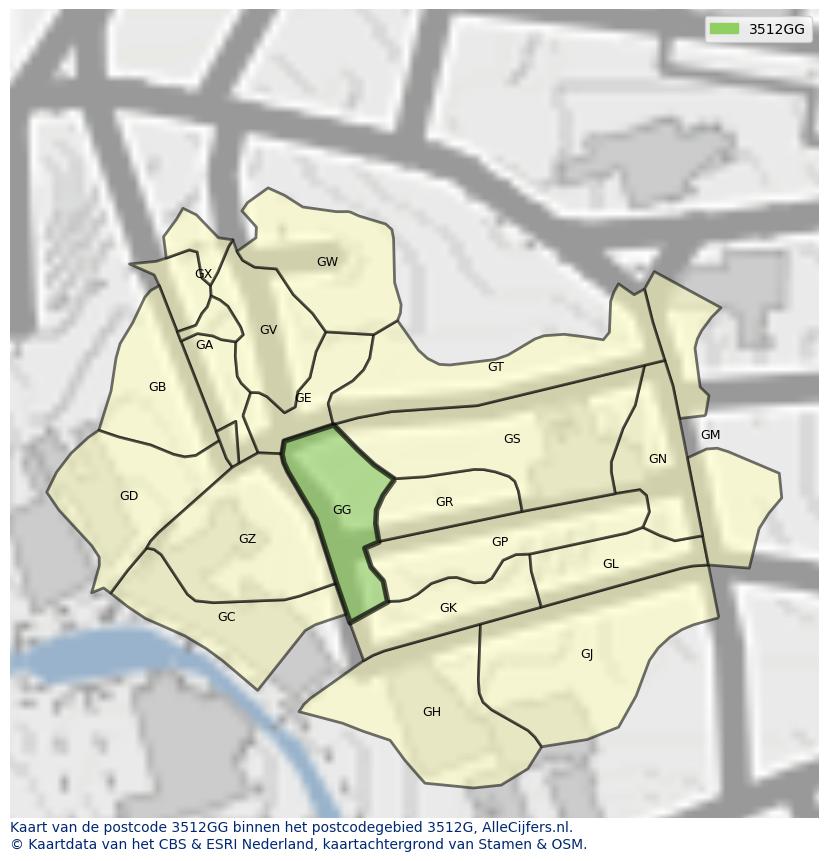 Afbeelding van het postcodegebied 3512 GG op de kaart.