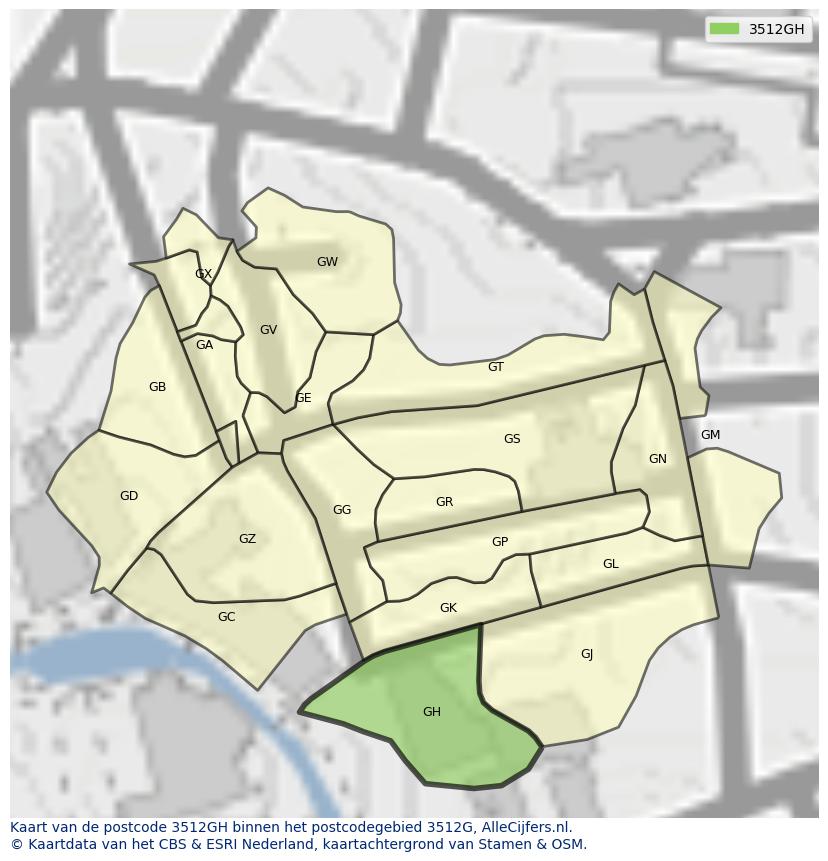 Afbeelding van het postcodegebied 3512 GH op de kaart.