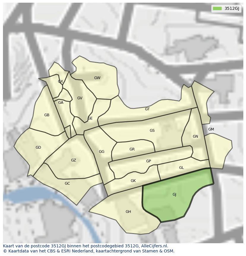 Afbeelding van het postcodegebied 3512 GJ op de kaart.