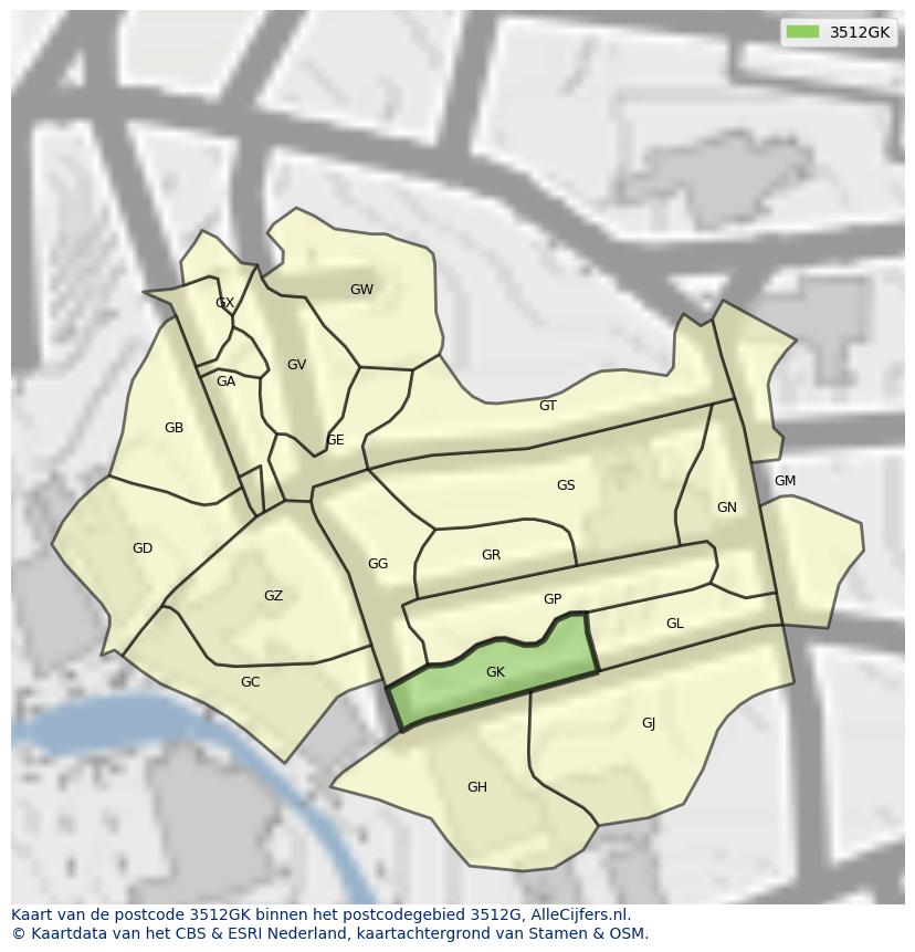 Afbeelding van het postcodegebied 3512 GK op de kaart.