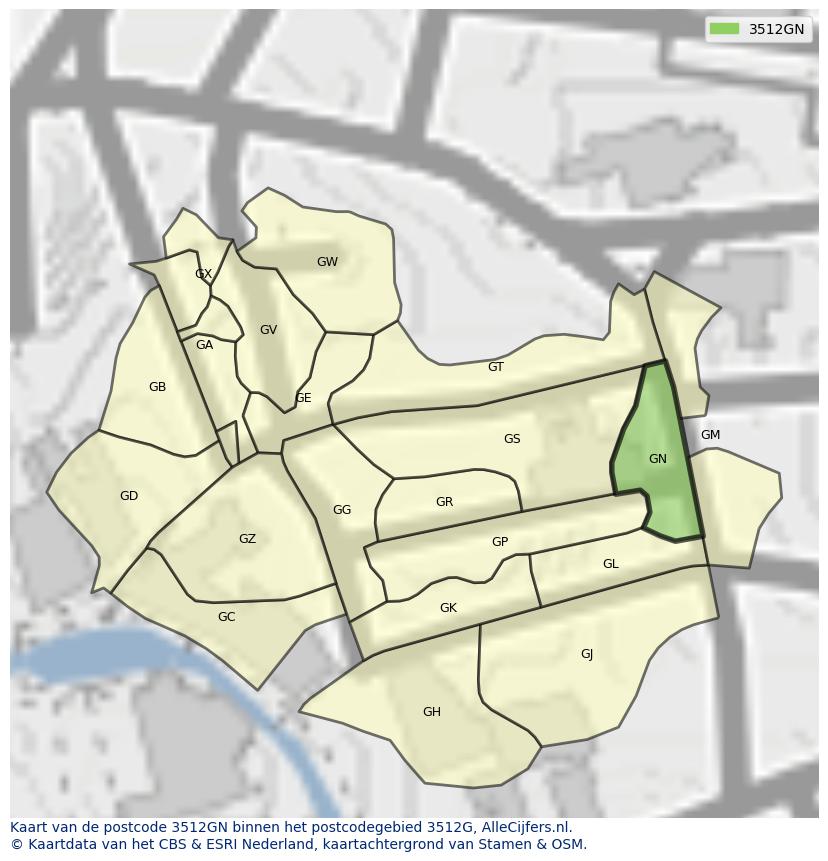 Afbeelding van het postcodegebied 3512 GN op de kaart.