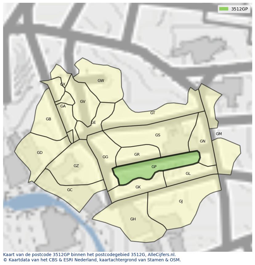 Afbeelding van het postcodegebied 3512 GP op de kaart.