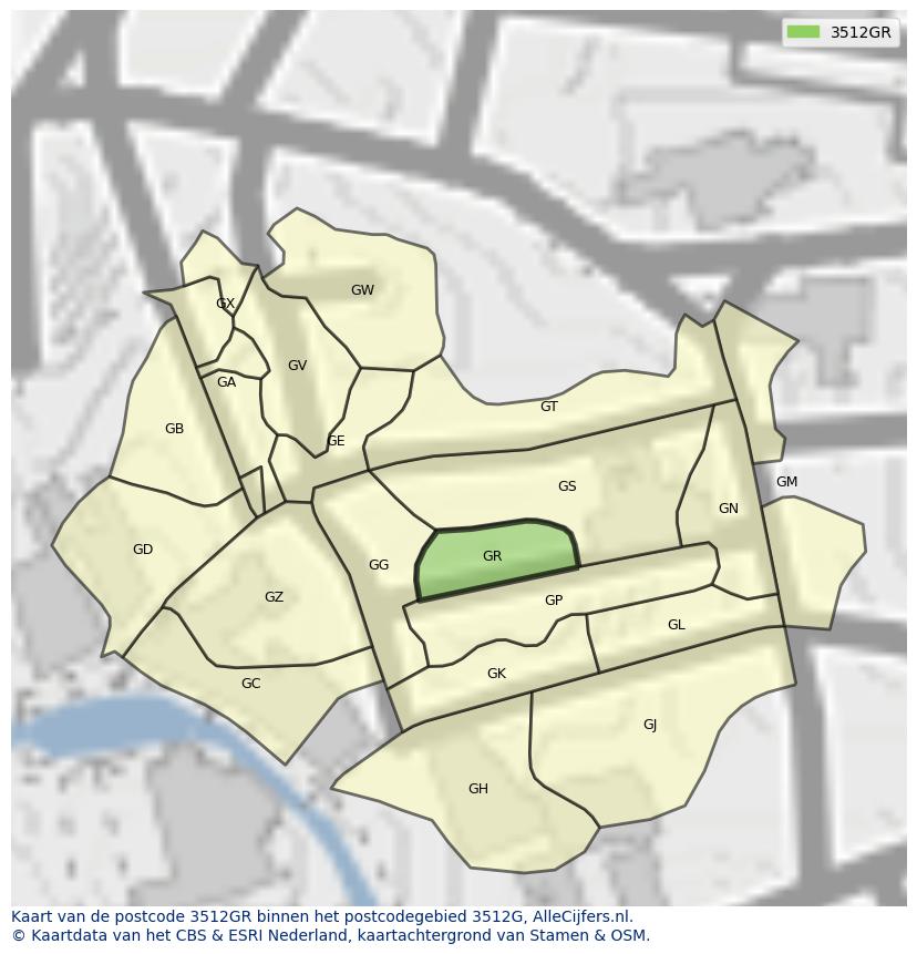 Afbeelding van het postcodegebied 3512 GR op de kaart.
