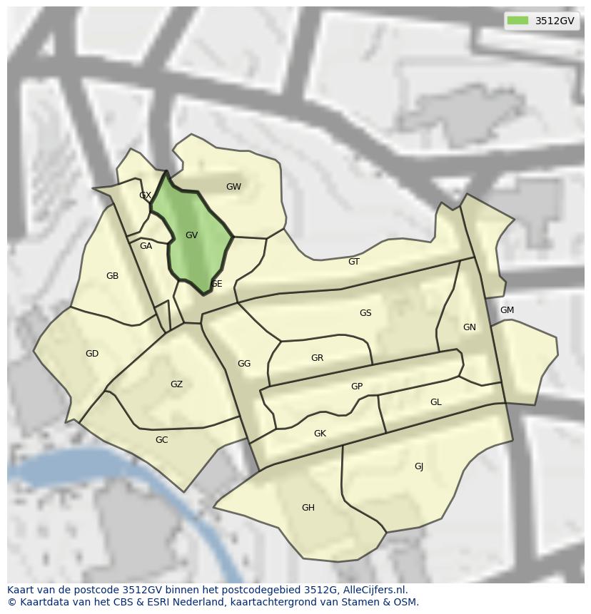 Afbeelding van het postcodegebied 3512 GV op de kaart.