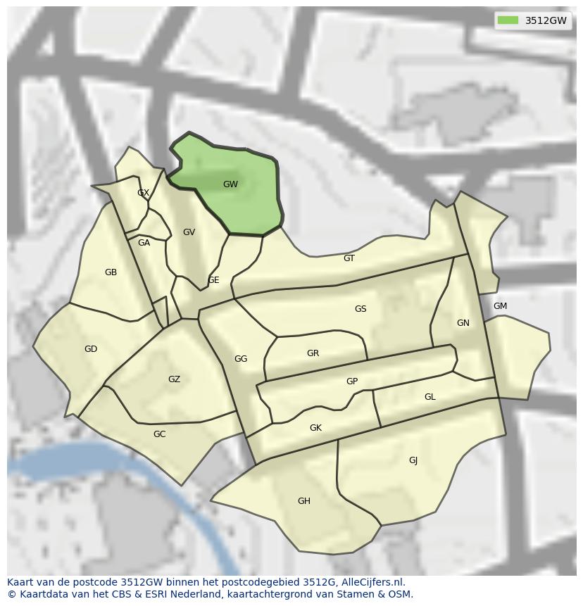 Afbeelding van het postcodegebied 3512 GW op de kaart.