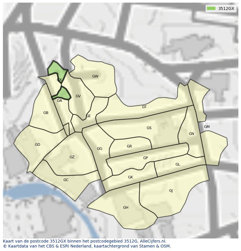 Afbeelding van het postcodegebied 3512 GX op de kaart.