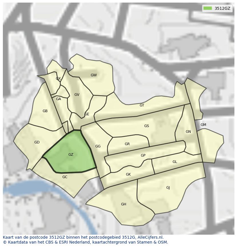 Afbeelding van het postcodegebied 3512 GZ op de kaart.