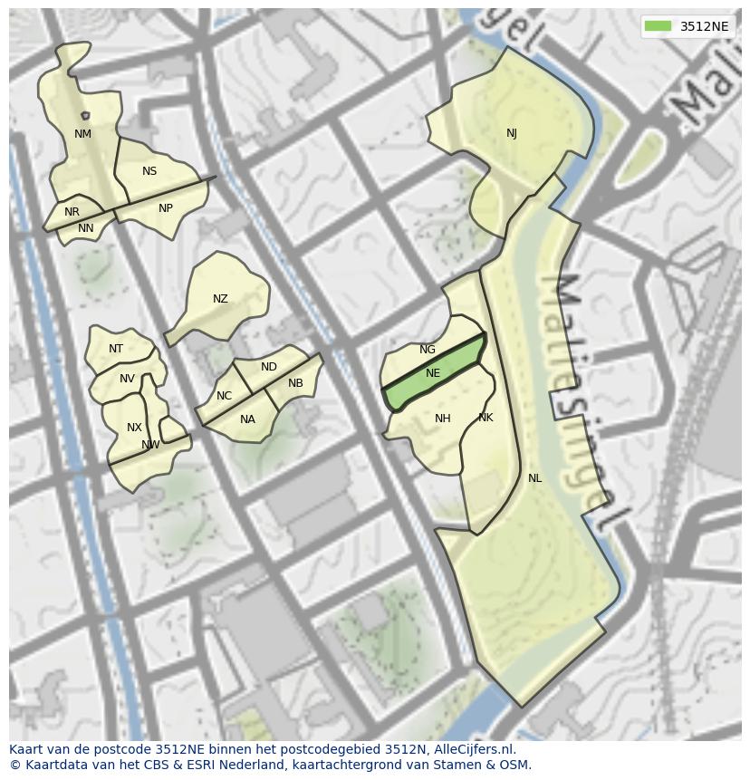 Afbeelding van het postcodegebied 3512 NE op de kaart.