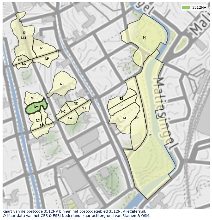 Afbeelding van het postcodegebied 3512 NV op de kaart.