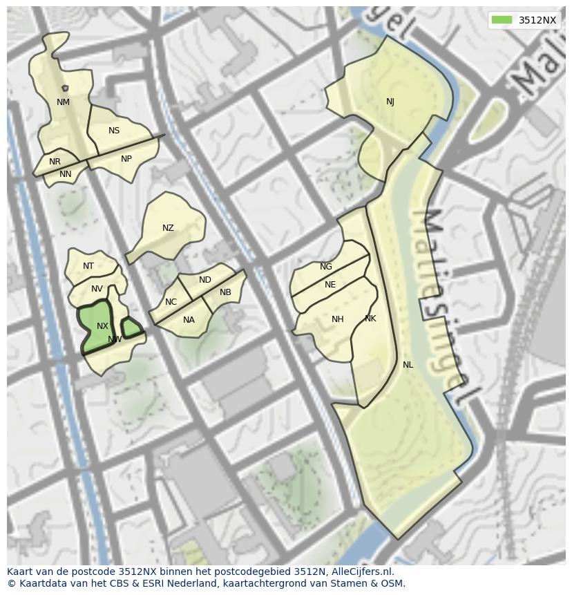 Afbeelding van het postcodegebied 3512 NX op de kaart.
