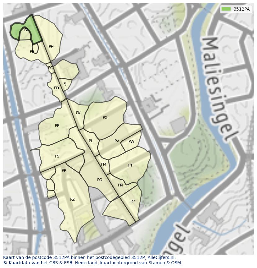 Afbeelding van het postcodegebied 3512 PA op de kaart.