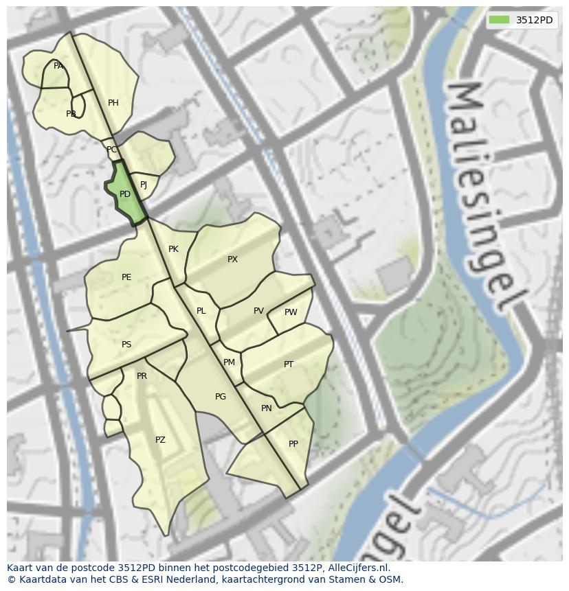 Afbeelding van het postcodegebied 3512 PD op de kaart.