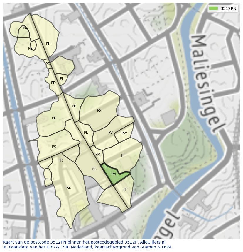 Afbeelding van het postcodegebied 3512 PN op de kaart.